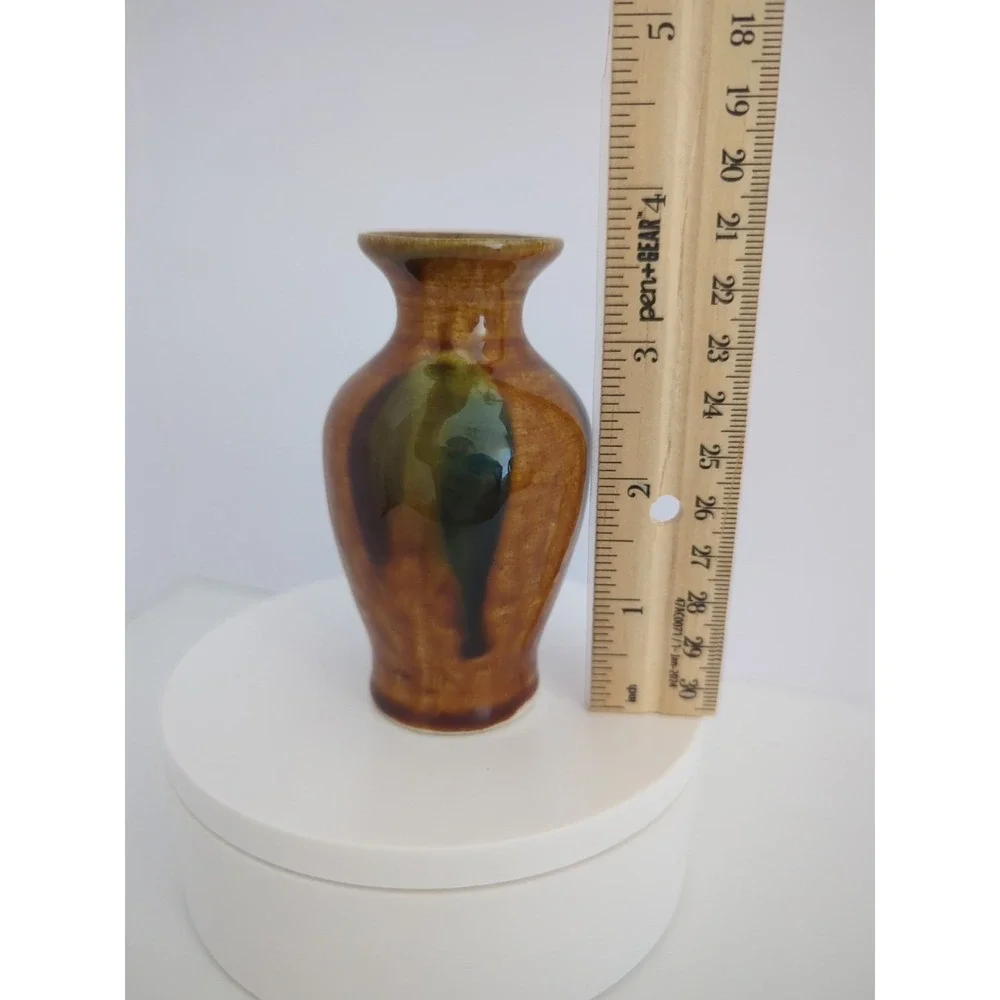 Handcrafted Glazed Ceramic Vase Earth Tone Drip Design Late 20th Century 4in